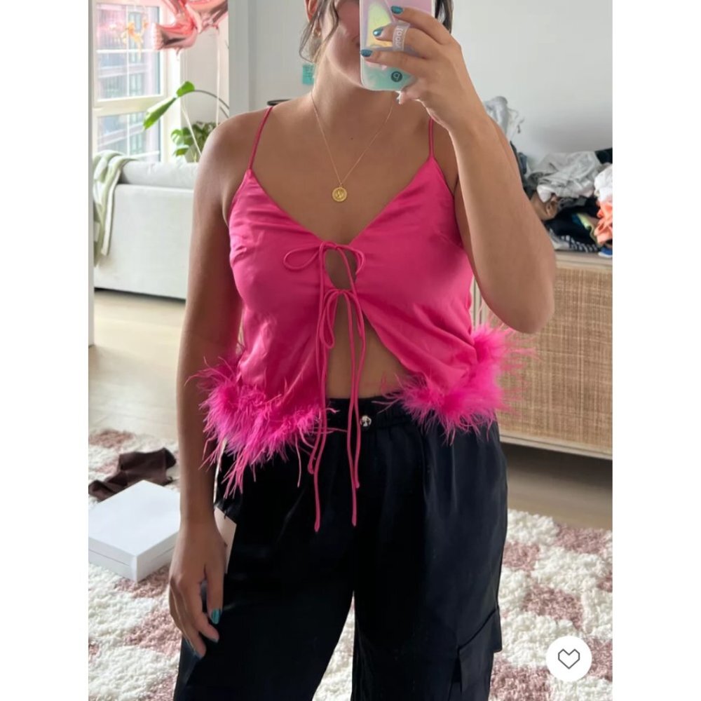 Pink Feather Trim Tank Top